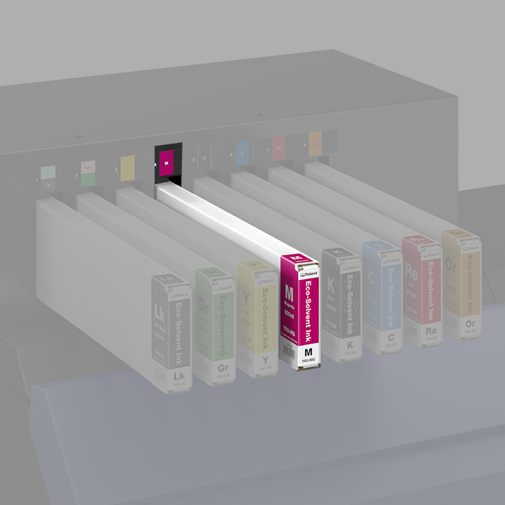 Roland Eco-Solvent Magenta (M) TR3 Ink cartridges with colour labels on a black background