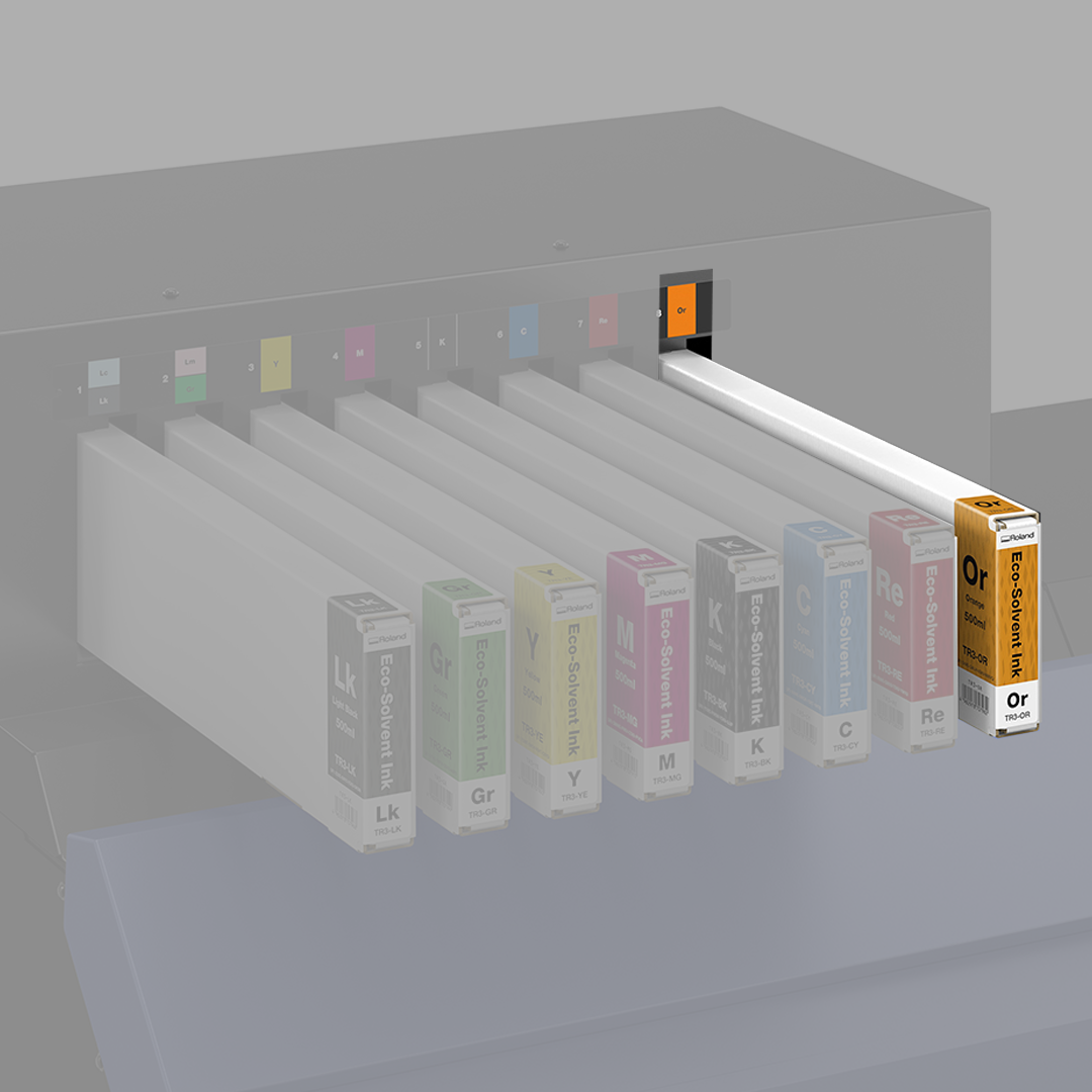 Roland Eco-Solvent Orange (Or) TR3 Ink cartridges with colour labels on a black background