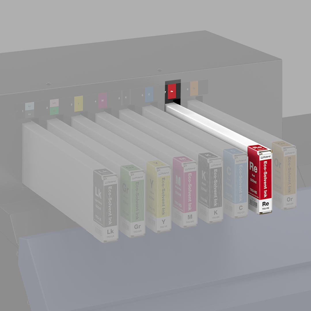 Roland Eco-Solvent Red (Re) TR3 Ink cartridges with colour labels on a black background