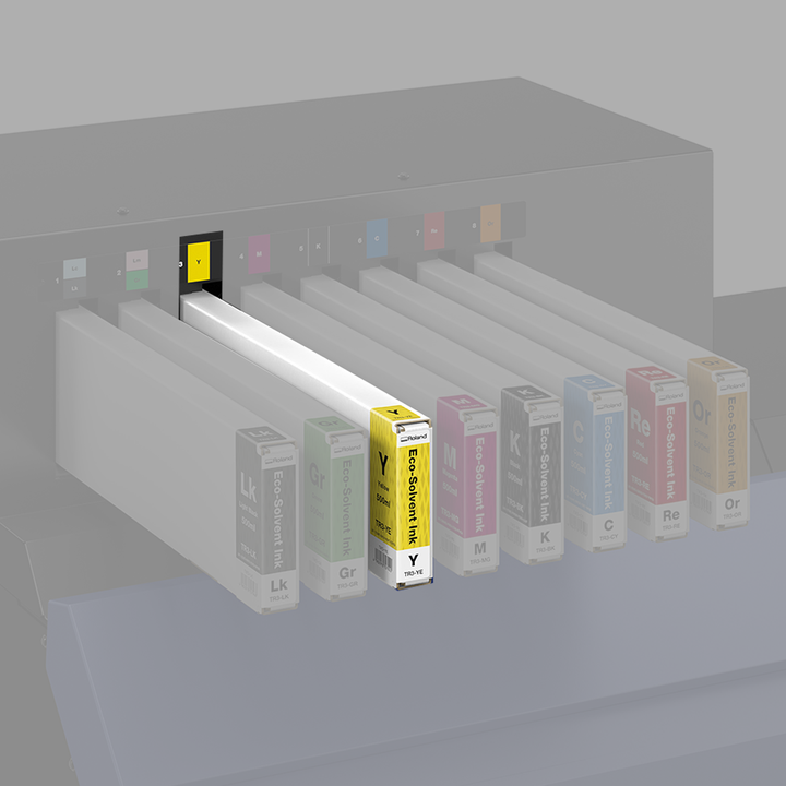 Roland Eco-Solvent Yellow (Y) TR3 Ink cartridges with colour labels on a black background