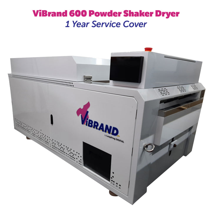 ViBrand 600 Powder Shaker Dryer with branding and service cover information on a white background