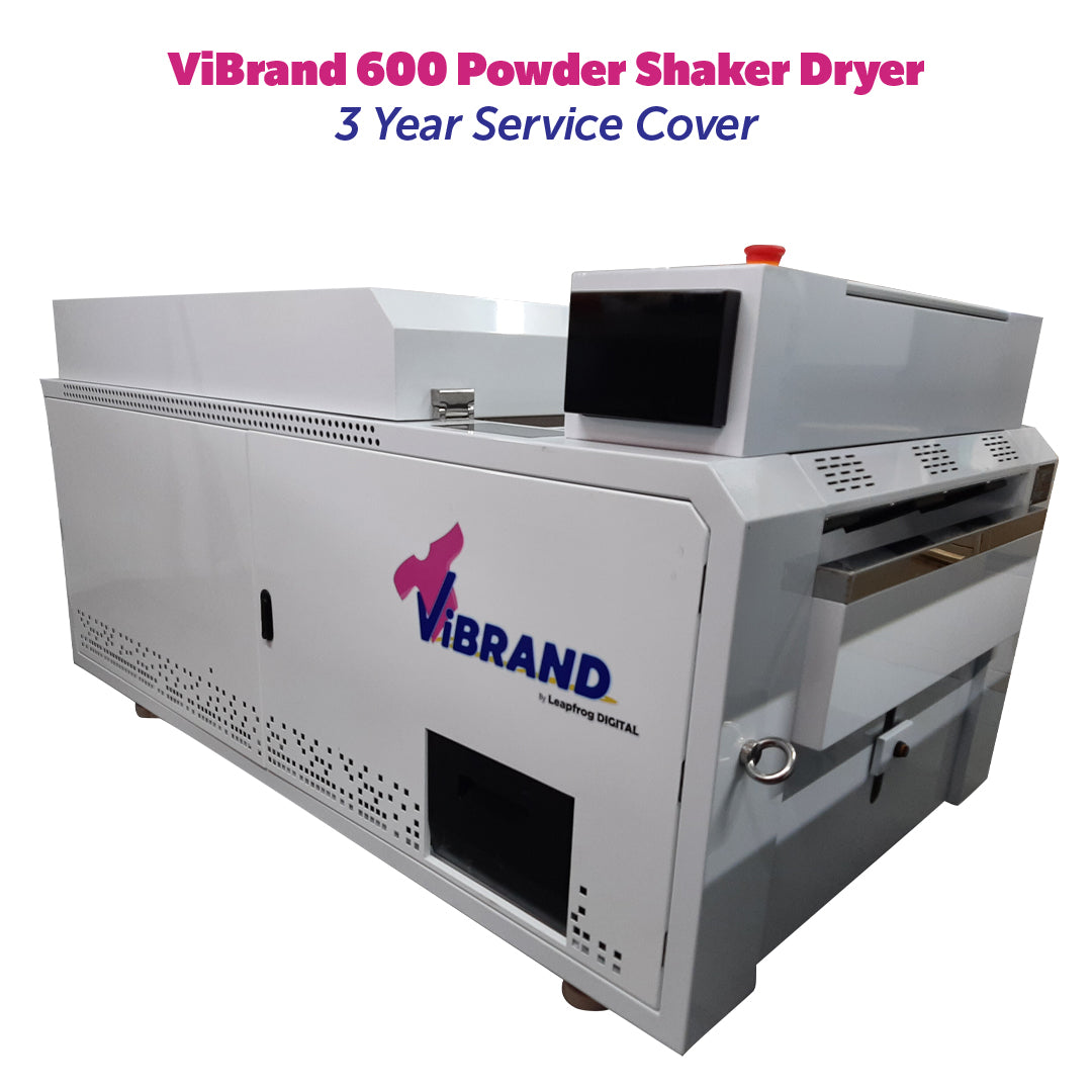 ViBrand 600 Powder Shaker Dryer with branding and service cover information on a white background