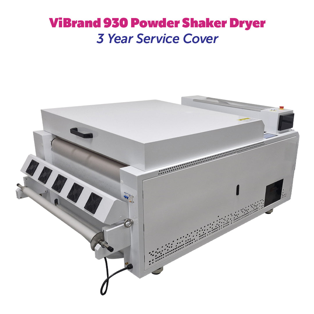 ViBrand 930 Powder Shaker Dryer on a white background with text about service cover.