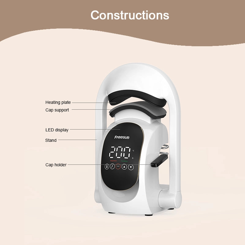 White bottle opener with digital display on a beige background, labeled with features.