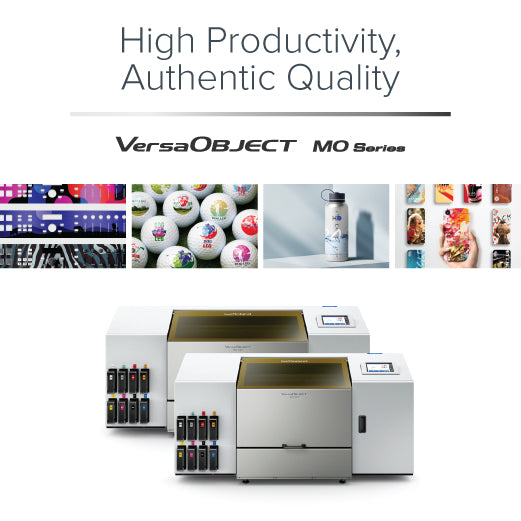 VersaOBJECT MO Series printer with product images and text on a white background