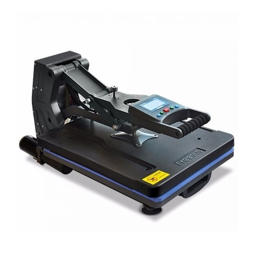 A large flat heat press machine suitable for sublimation and heat transfer vinyl applications, with a digital control panel and a blue accent on the base.