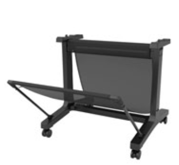 Black Epson 24 inch printer stand designed for the F560 model, with an integrated media bin and caster wheels for mobility.